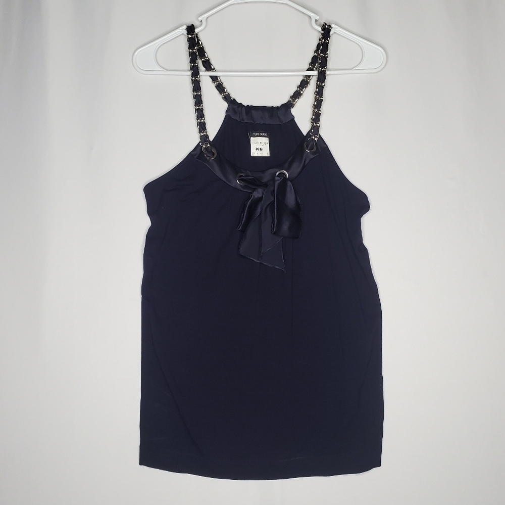 Tufi Duek Strappy Chain Hardware Tank Womens XS‎ Blue Satin Ribbon Y2K Designer